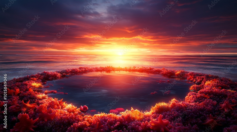 A circular rock pool at low tide, teeming with colorful starfish, crabs, and sea anemones, with the ocean waves in the distance under a soft sunset A circular rock pool at low tide, teeming with colorful starfish, crabs, and sea anemones, with the ocean waves in the distance under a soft sunset