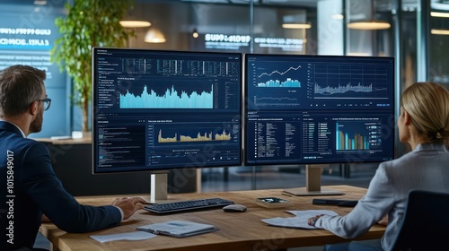 Business leaders analyzing sales performance on large computer screens