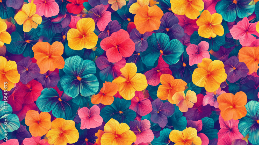 A colorful pattern of tropical flowers that repeats endlessly, perfect for summer designs. A colorful pattern of tropical flowers that repeats endlessly, perfect for summer designs.