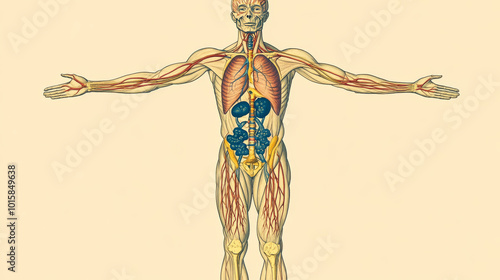 This poster shows a simple diagram of the human body, highlighting the circulatory, nervous, and skeletal systems. It's a helpful tool for learning basic anatomy and how our body works. photo