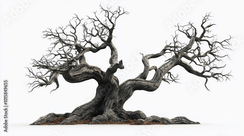 An old, gnarled tree with many branches, set against a white background, in the dark fantasy style, digital art