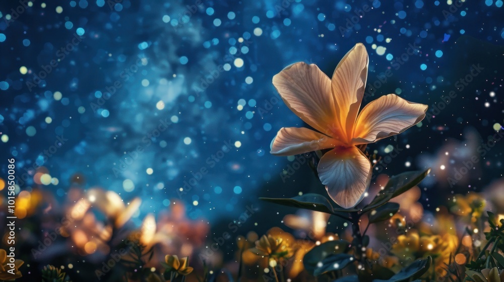 A time-lapse image of a flower blooming under a starry sky, representing the beauty and tranquility found in dreamlike moments A time-lapse image of a flower blooming under a starry sky, representing the beauty and tranquility found in dreamlike moments