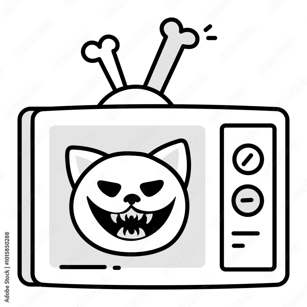 Spooky television with a cat head, a drawing style icon
Spooky television with a cat head, a drawing style icon