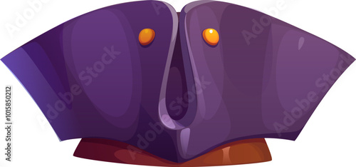 Cartoon pirate tricorn cocked hat featuring exaggerated broad sides and two golden buttons on its brim. Isolated vector classic, deep purple filibuster captain headwear. Game asset, photo booth props