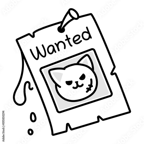 Wanted cat poster icon in drawing style

