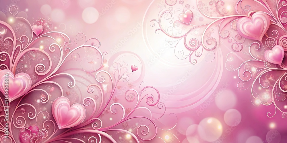 A delicate swirl of pink hearts intertwined with graceful floral patterns against a soft, radiant backdrop A delicate swirl of pink hearts intertwined with graceful floral patterns against a soft, radiant backdrop