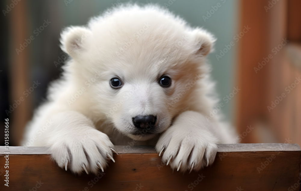 Cute polar bear staring at the camera, polar bear is sitting on the window Cute polar bear staring at the camera, polar bear is sitting on the window