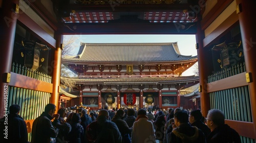 A wide-angle view of a temple or shrine where people are gathering to pray for good luck and blessings in the New Year photo