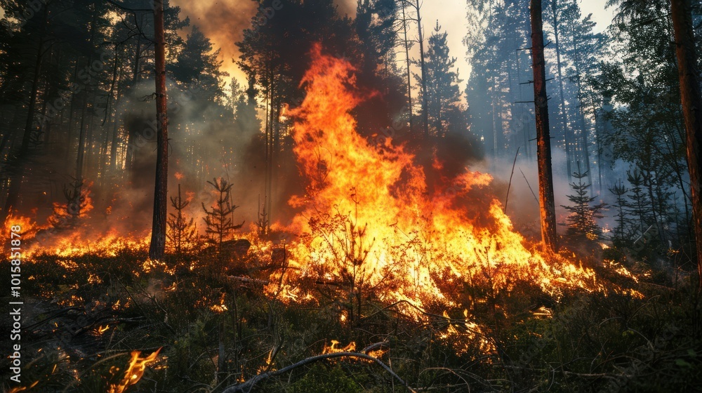 A wildfire raging through a forest, with intense flames and billowing smoke, highlighting the increasing frequency and severity of wildfires due to global warming A wildfire raging through a forest, with intense flames and billowing smoke, highlighting the increasing frequency and severity of wildfires due to global warming