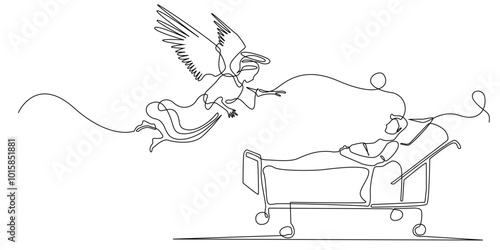 one continuous line drawing of an angel flying to a sick person.one line drawing of a person's death.single line vector illustration.isolated white background