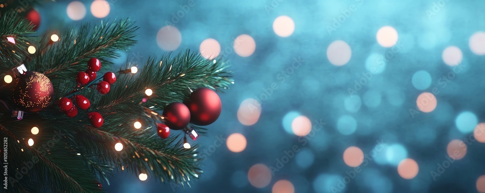 Christmas tree branches adorned with ornaments and lights, festive bokeh background. Christmas tree branches adorned with ornaments and lights, festive bokeh background.