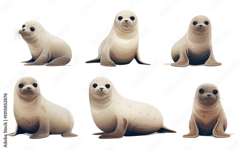 Cute seal group, white background, lines Cute seal group, white background, lines