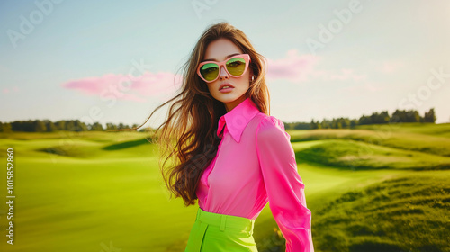 A model woman wearing bright neon pink and lime green colored clothing modeling in sunglasses on a pristine golf course