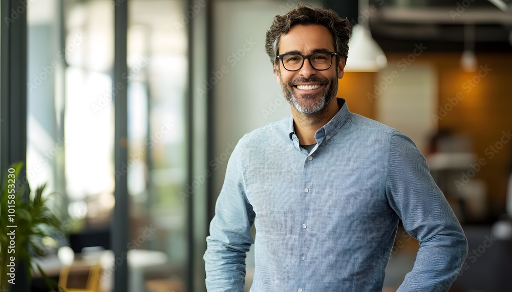 Smiling Middle-Aged Man in a Blue Shirt with Glasses in an Office Setting Smiling Middle-Aged Man in a Blue Shirt with Glasses in an Office Setting