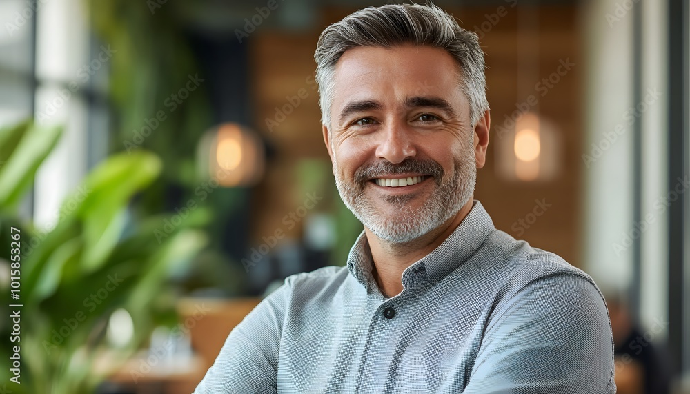 Fototapeta premium Portrait of a Smiling Middle-Aged Man with Graying Hair