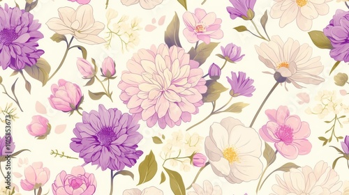 Wallpaper Mural Seamless pattern featuring hand-drawn dahlia flowers in vibrant colors, showcasing intricate details and floral beauty, perfect for textiles, wallpapers, and stationery designs. Torontodigital.ca