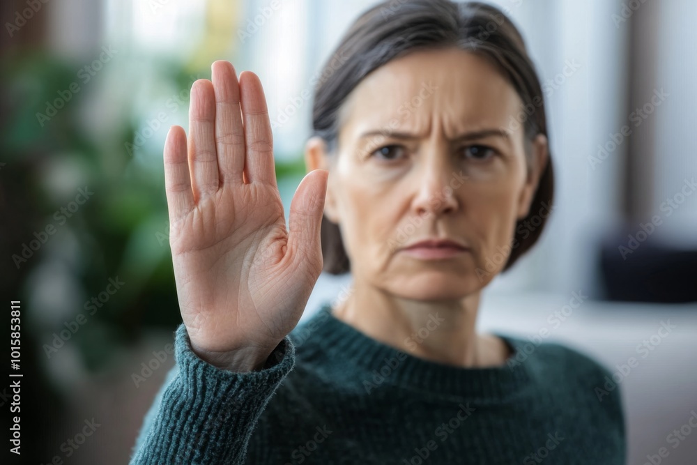 Woman standing alone in a quiet room, holding a small sign with a coat hanger symbol, representing abortion rights, with ample copy space for text or design.