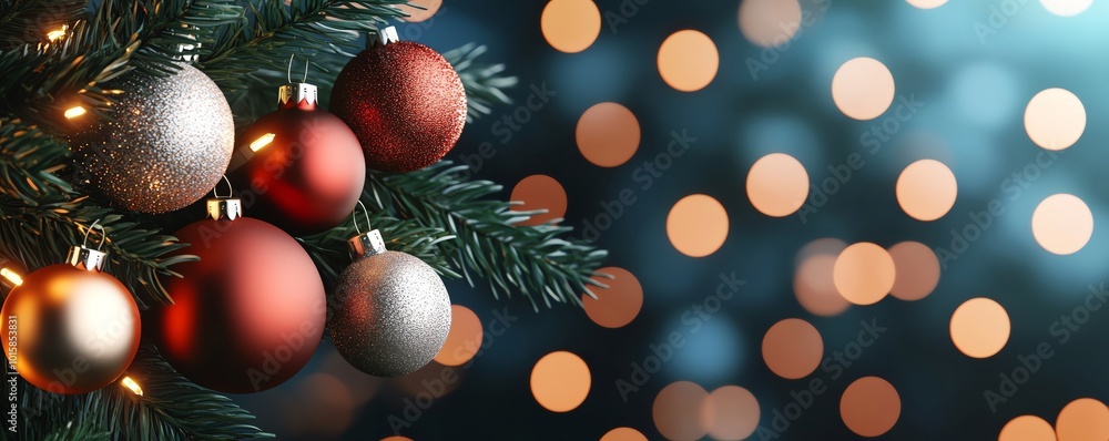 Festive Christmas ornaments hanging from a lush tree with blurred lights. Festive Christmas ornaments hanging from a lush tree with blurred lights.