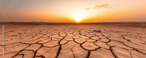 A breathtaking sunset over a cracked desert landscape, showcasing the beauty of nature's resilience and the starkness of dry earth. photo