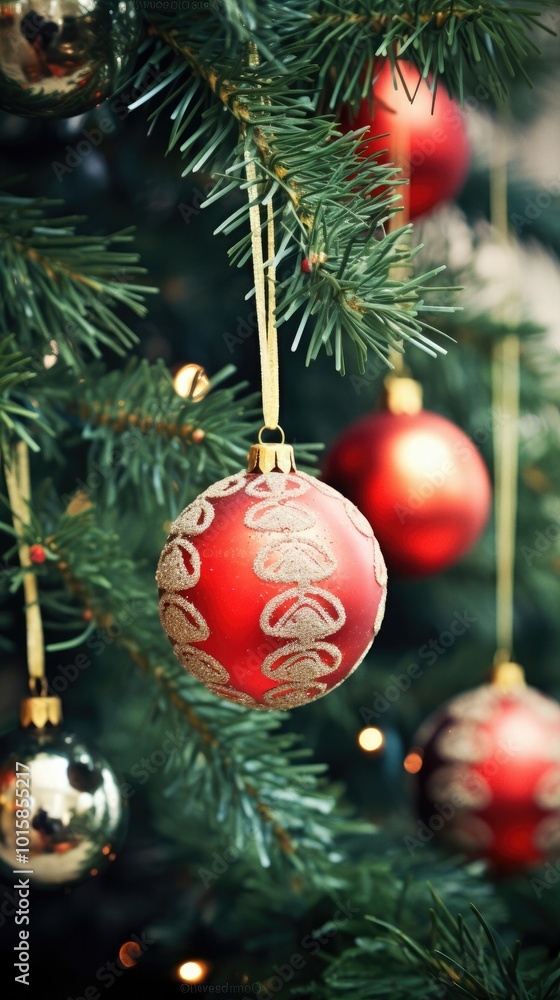 Fototapeta premium Christmas tree branch with ornaments close-up