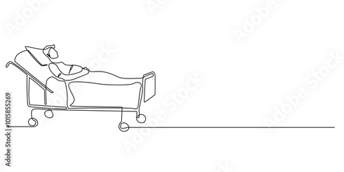 one continuous line drawing of hospital patient.one line drawing of hospital patient sleeping in ward.single line vector illustration of sick person.isolated white background