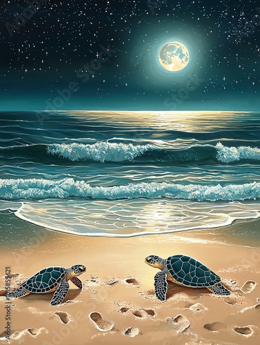 Sea turtles hatching on beach under moonlight, making way to ocean photo