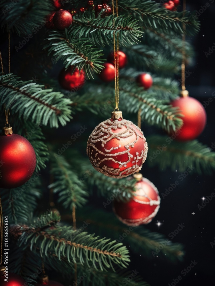 Fototapeta premium Christmas tree branch with ornaments close-up