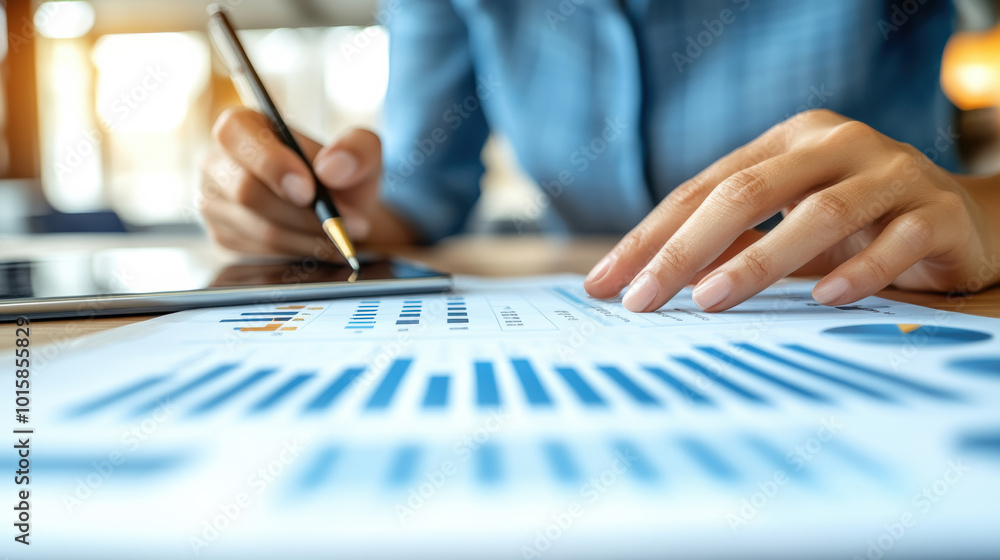 A person reviewing a business report on a tablet, with clear charts and analytics, placed against a neutral background with copy space for marketing purposes A person reviewing a business report on a tablet, with clear charts and analytics, placed against a neutral background with copy space for marketing purposes