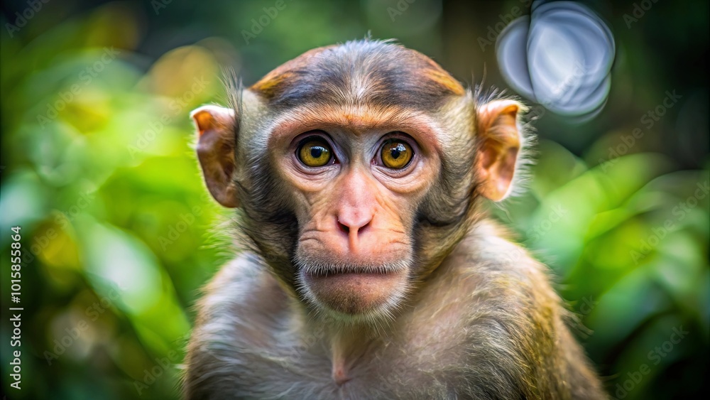 A young monkey with curious golden eyes stares intently at the camera, surrounded by lush green foliage, its expression a mix of wonder and anticipation. A young monkey with curious golden eyes stares intently at the camera, surrounded by lush green foliage, its expression a mix of wonder and anticipation.