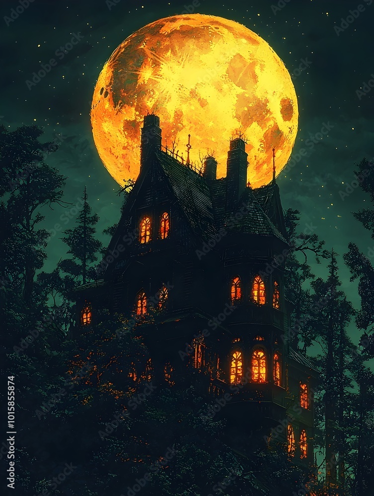 A spooky, gothic-style house stands silhouetted against a backdrop of a large, glowing full moon. The house's windows are lit, adding to the eerie atmosphere of the scene. A spooky, gothic-style house stands silhouetted against a backdrop of a large, glowing full moon. The house's windows are lit, adding to the eerie atmosphere of the scene.