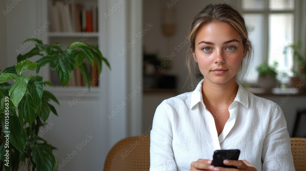 A young woman with fair skin, dressed in a crisp white shirt, her hair in a neat bun, holding a mobile phone with a clean, modern background and copy space A young woman with fair skin, dressed in a crisp white shirt, her hair in a neat bun, holding a mobile phone with a clean, modern background and copy space