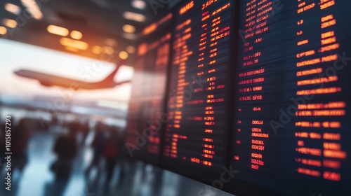 Abstract blurred airport terminal with a crowd of travelers moving in the background, flight schedules