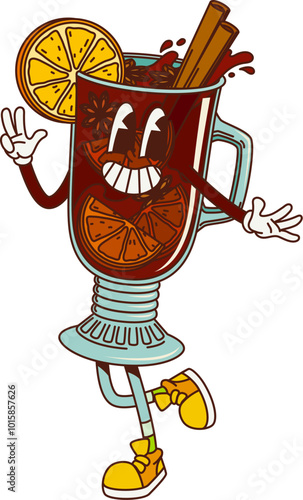Cartoon retro groovy mulled wine character with funky freaky face, vector comic drink. Groovy retro cartoon mulled wine with cinnamon and orange dancing in fun with freaky face for positive vibe emoji