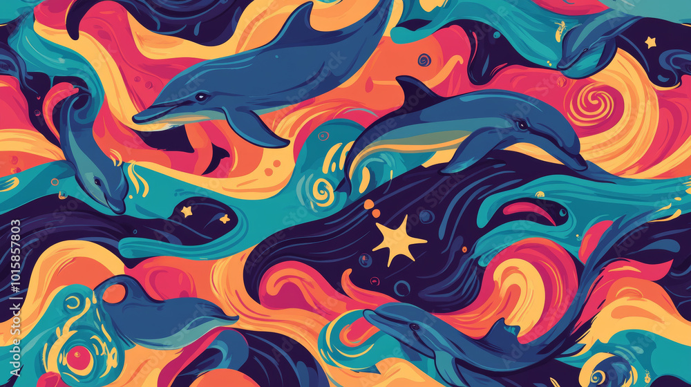 A colorful pattern with waves, water, dolphins, and the ocean. A colorful pattern with waves, water, dolphins, and the ocean.