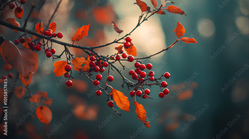 A close-up image of red berries and orange leaves on a branch in autumn. A close-up image of red berries and orange leaves on a branch in autumn.