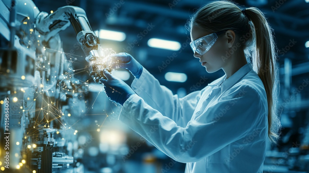 Female Engineer Working with Robotics in Modern Factory Female Engineer Working with Robotics in Modern Factory