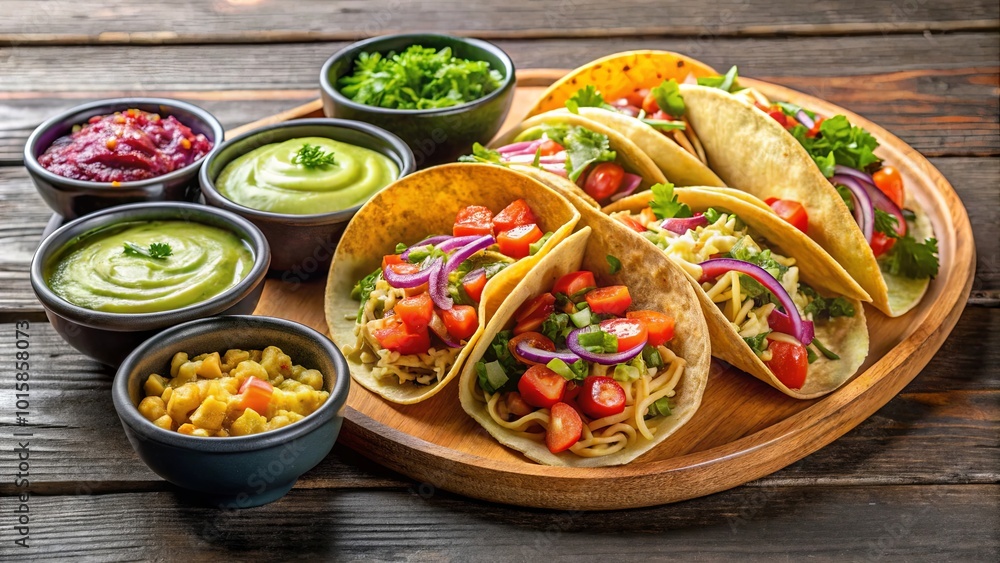 A Rustic Wooden Platter Displaying a Variety of Colorful Tacos with Accompanying Dips and Garnishes A Rustic Wooden Platter Displaying a Variety of Colorful Tacos with Accompanying Dips and Garnishes
