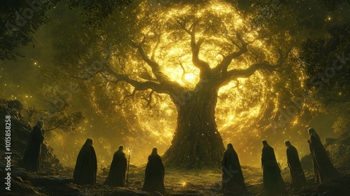 A circle of elven mages around an ancient, enchanted tree, casting spells that manifest as bright swirling light, with mystical creatures watching from the darkened forest photo