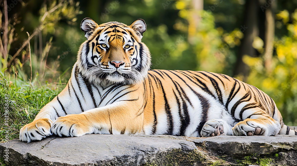 Majestic tiger resting on rock in lush green environment Majestic tiger resting on rock in lush green environment