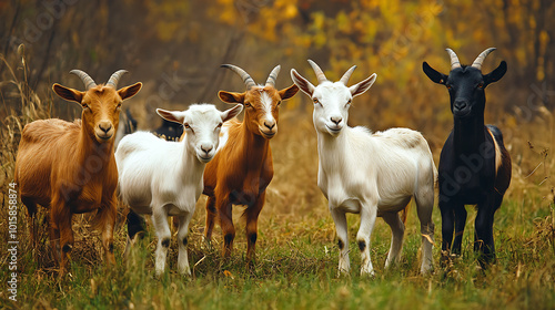 Goats standing together in field, showcasing their unique colors and personalities