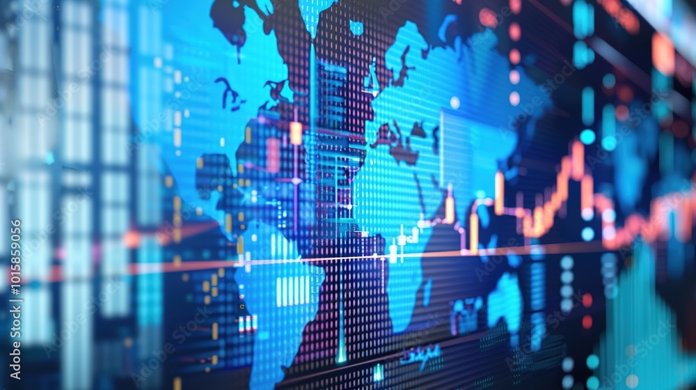 Close-up of digital world map with highlighted countries and trade routes, visualizing the impact of tariffs on global trade and rising economic tension through a graph. Close-up of digital world map with highlighted countries and trade routes, visualizing the impact of tariffs on global trade and rising economic tension through a graph.