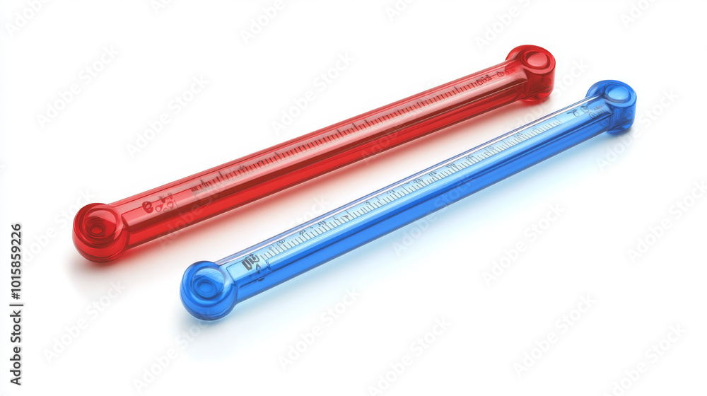 A set of red and blue thermometers, designed for measuring temperature both inside and outside. A set of red and blue thermometers, designed for measuring temperature both inside and outside.