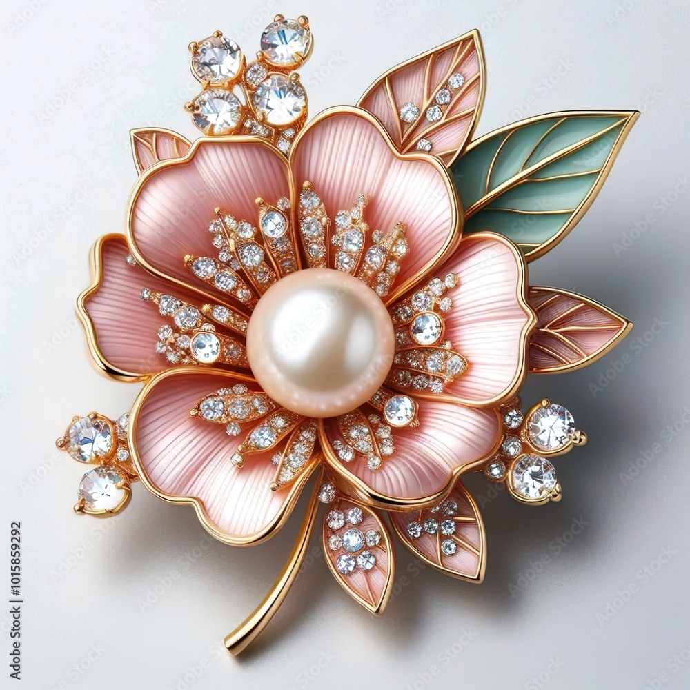 An exquisite brooch featuring a pink flower with a central pearl, surrounded by green leaves and adorned with sparkling gemstones An exquisite brooch featuring a pink flower with a central pearl, surrounded by green leaves and adorned with sparkling gemstones