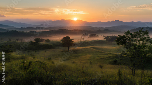 A breathtaking landscape scene showcasing a misty sunrise over rolling hills and lush grasslands with vibrant colors and a peaceful ambiance.