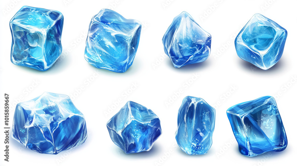 A collection of realistic-looking blue ice cubes, transparent and isolated, created using vector graphics. A collection of realistic-looking blue ice cubes, transparent and isolated, created using vector graphics.