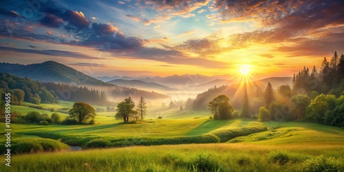 Golden rays illuminate a misty valley, where rolling hills meet a vibrant green meadow, creating a picturesque landscape bathed in the soft glow of a sunrise.