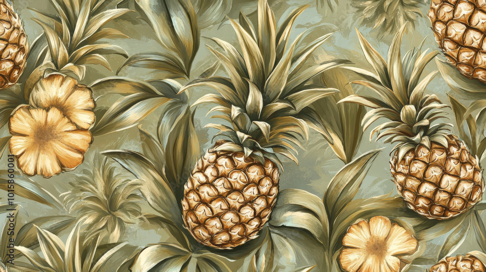 A repeating design featuring realistic pineapples. A repeating design featuring realistic pineapples.