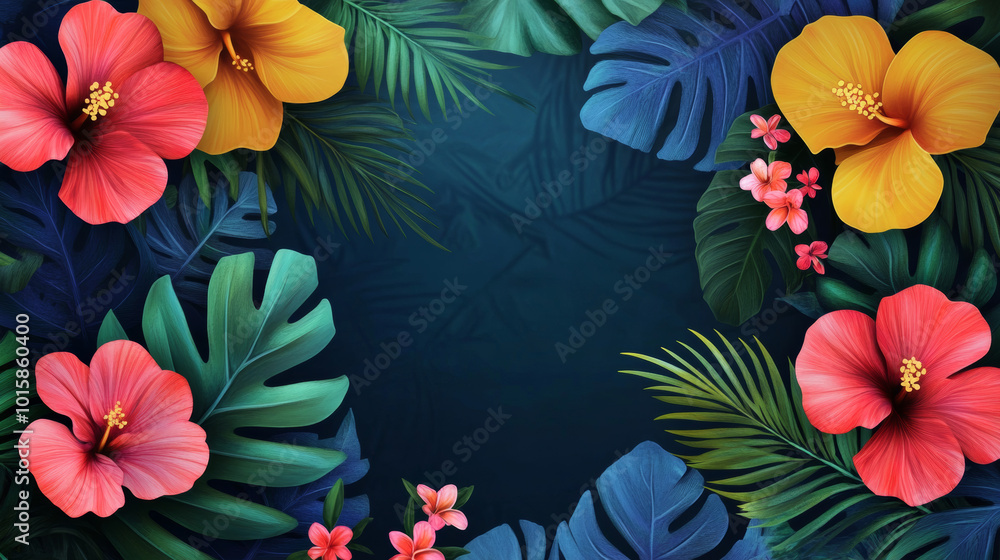 A colorful invitation card with tropical flowers. A colorful invitation card with tropical flowers.