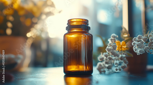 An amber bottle illuminated by soft morning light, with delicate flowers nearby, creating a warm and peaceful ambiance.