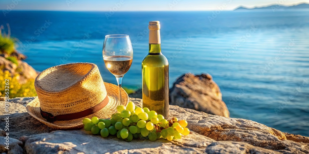 Obraz premium A glass of white wine, a bottle of wine, and a straw hat resting on a rocky cliff overlooking the endless blue sea.